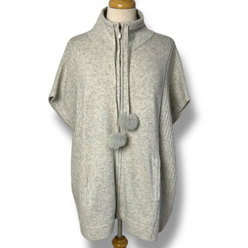 Womens Cashmere Wool  Oversize Zip Up Sweater Poncho Oatmeal Short Sleeve Sz S